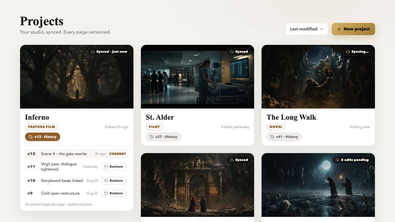 Virgil's cloud-synced project shelf, with the Inferno project and its version history open