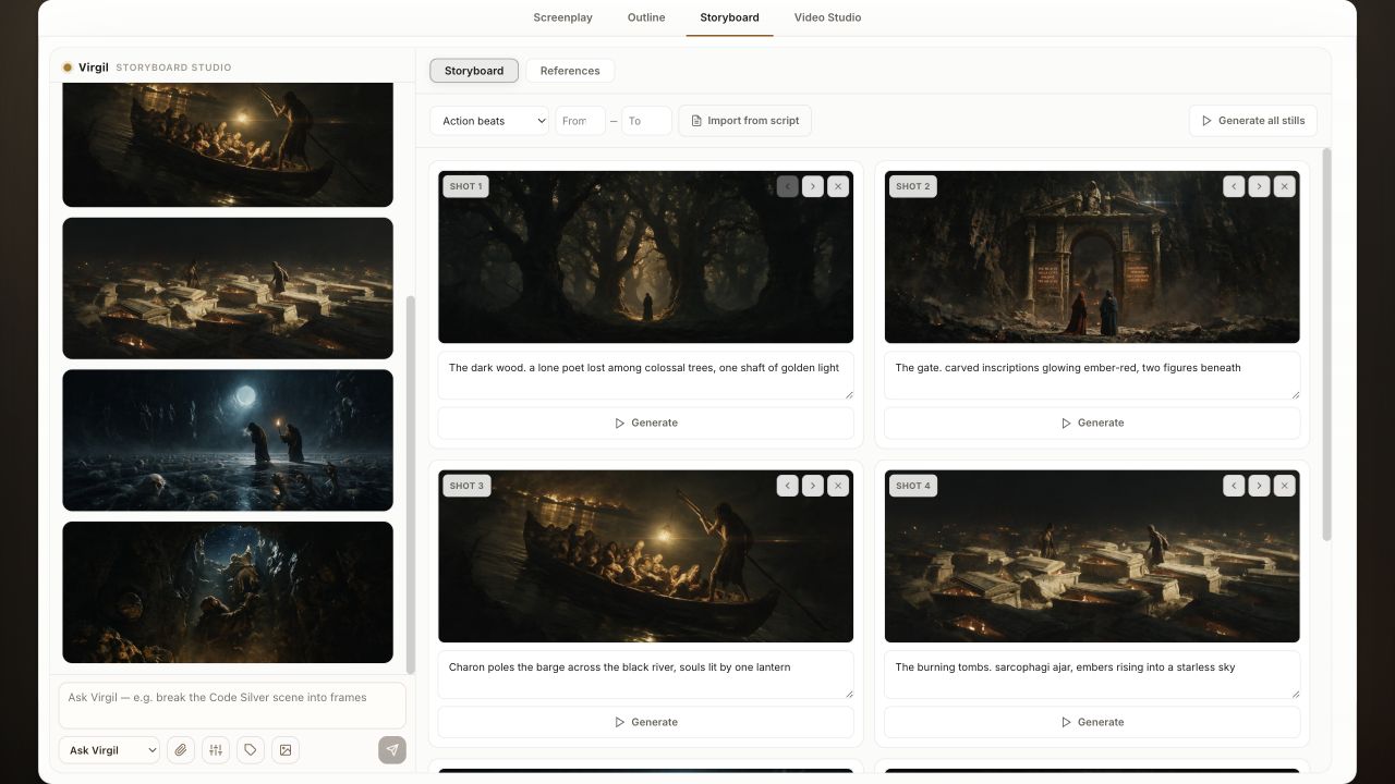 The real Virgil Storyboard Studio showing Inferno images arranged into shots
