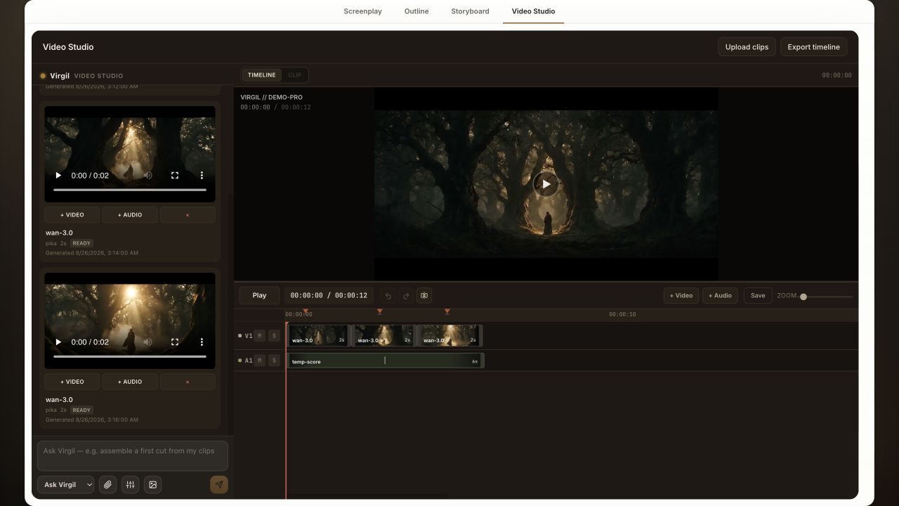 The real Virgil Video Studio showing generated Inferno clips on a multi-track timeline