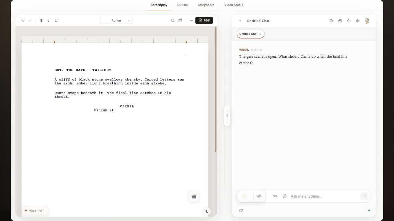 The real Virgil screenplay editor and creative chat workspace with an Inferno scene open